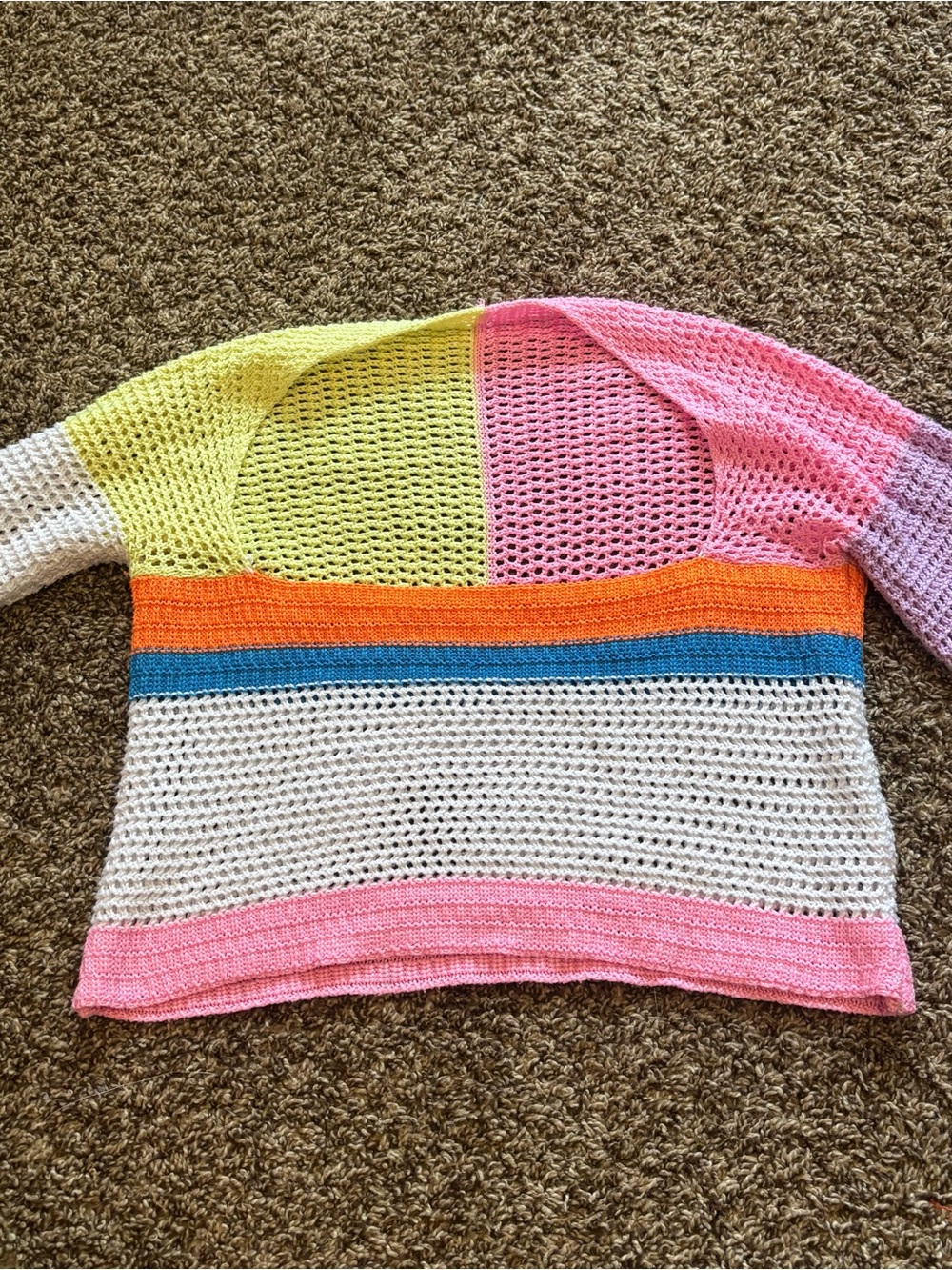 Y2K Rainbow Crochet Bell Sleeve Crop Sweater Mesh Knit Festival Top XS/S